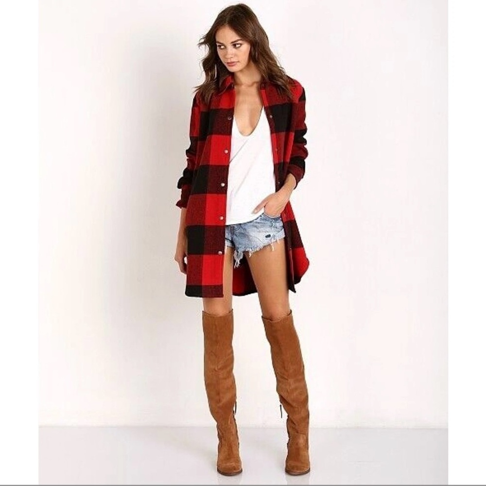 BB Dakota Red Black Buffalo Plaid Snap Front Long Sleeve Shirttail Hem Jacket XS
